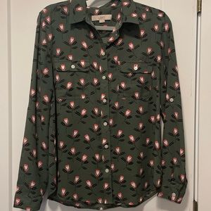 Loft Blouse Olive green with pink and black flower accent